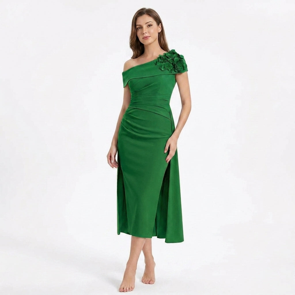 Women’s Off Shoulder Midi Dress – Sheath Pleated Floral