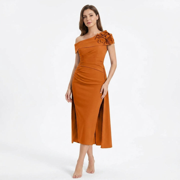 Women’s Off Shoulder Midi Dress – Sheath Pleated Floral