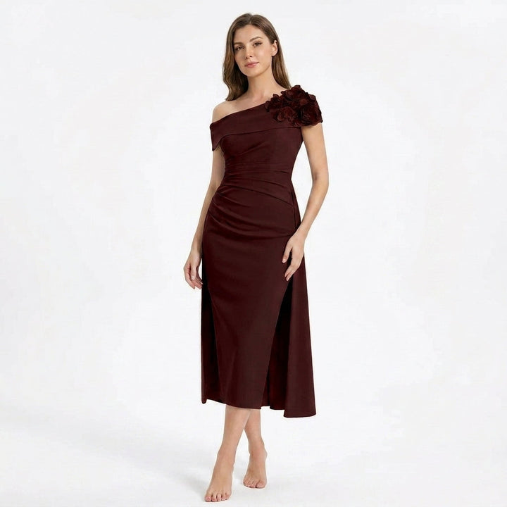 Women’s Off Shoulder Midi Dress – Sheath Pleated Floral