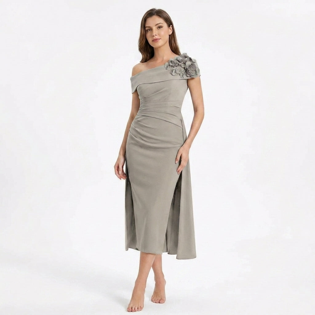 Women’s Off Shoulder Midi Dress – Sheath Pleated Floral