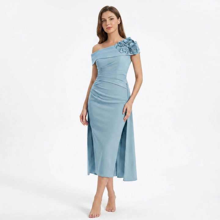 Women’s Off Shoulder Midi Dress – Sheath Pleated Floral
