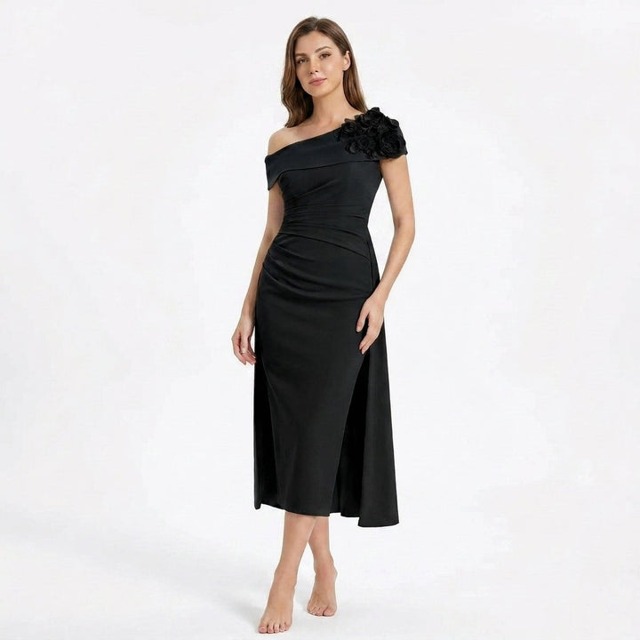 Women’s Off Shoulder Midi Dress – Sheath Pleated Floral