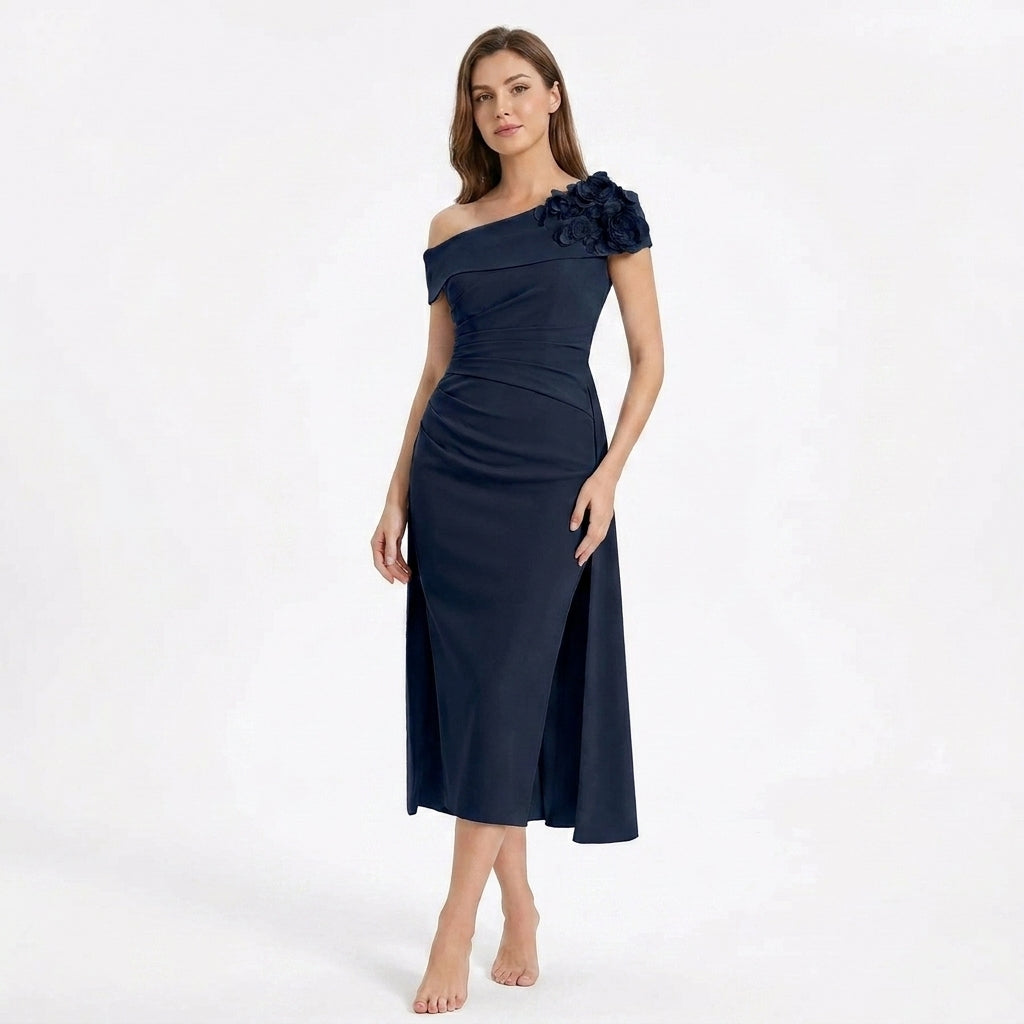 Women’s Off Shoulder Midi Dress – Sheath Pleated Floral