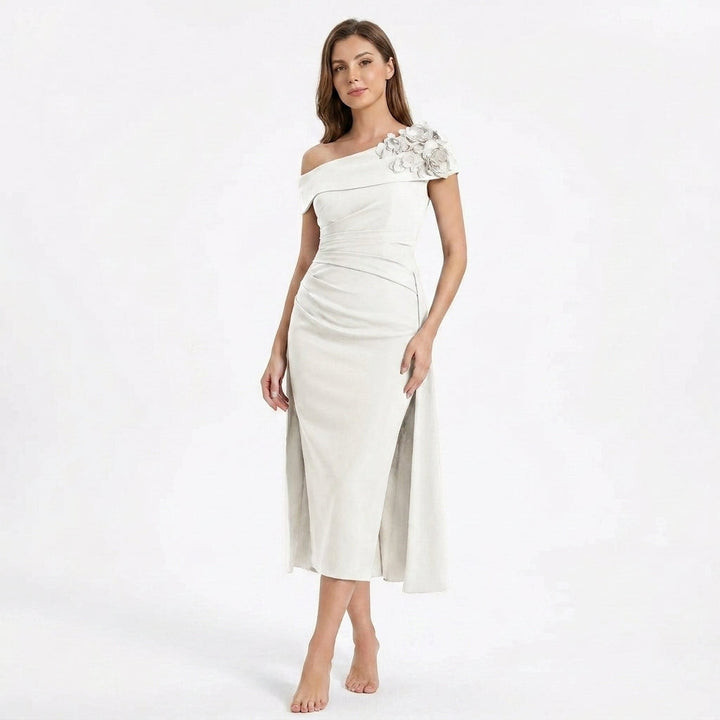 Women’s Off Shoulder Midi Dress – Sheath Pleated Floral