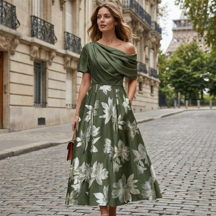 Women’s One Shoulder Midi Dress – A Line Floral Satin