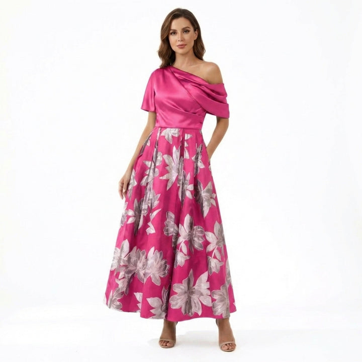 Women’s One Shoulder Midi Dress – A Line Floral Satin