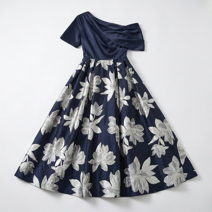 Women’s One Shoulder Midi Dress – A Line Floral Satin