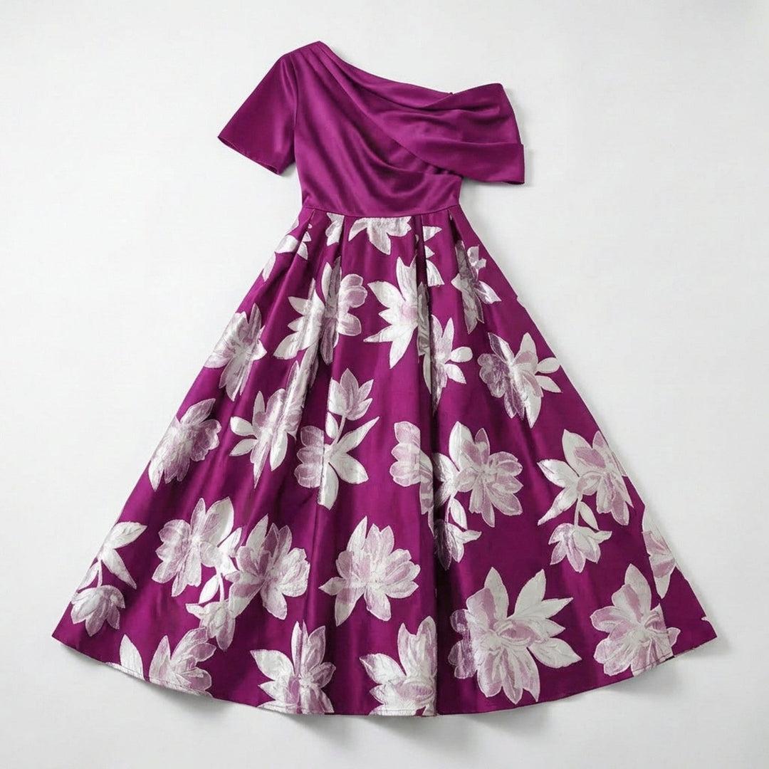 Women’s One Shoulder Midi Dress – A Line Floral Satin