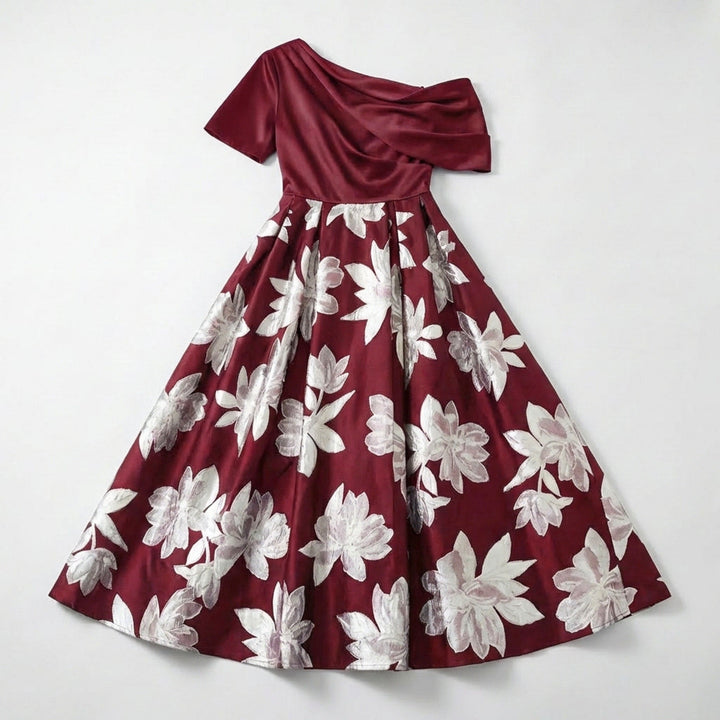 Women’s One Shoulder Midi Dress – A Line Floral Satin