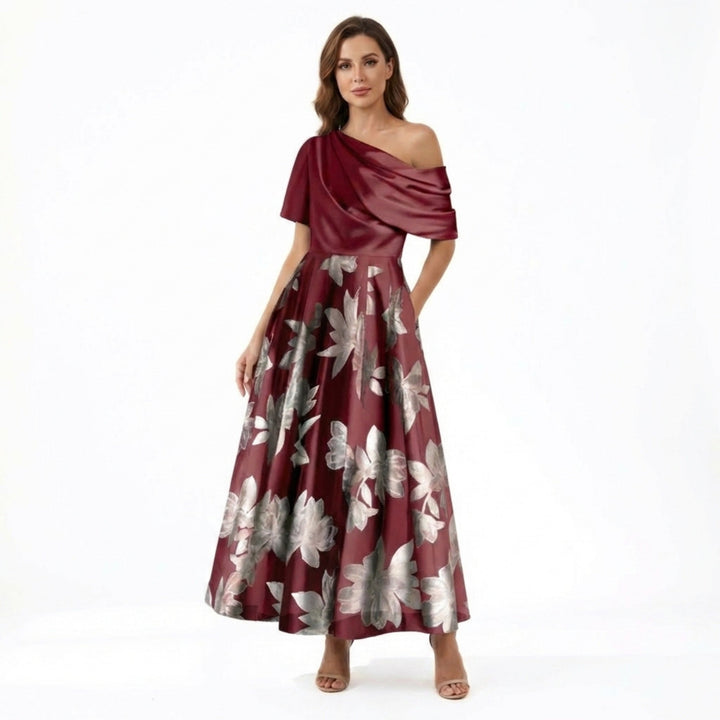 Women’s One Shoulder Midi Dress – A Line Floral Satin