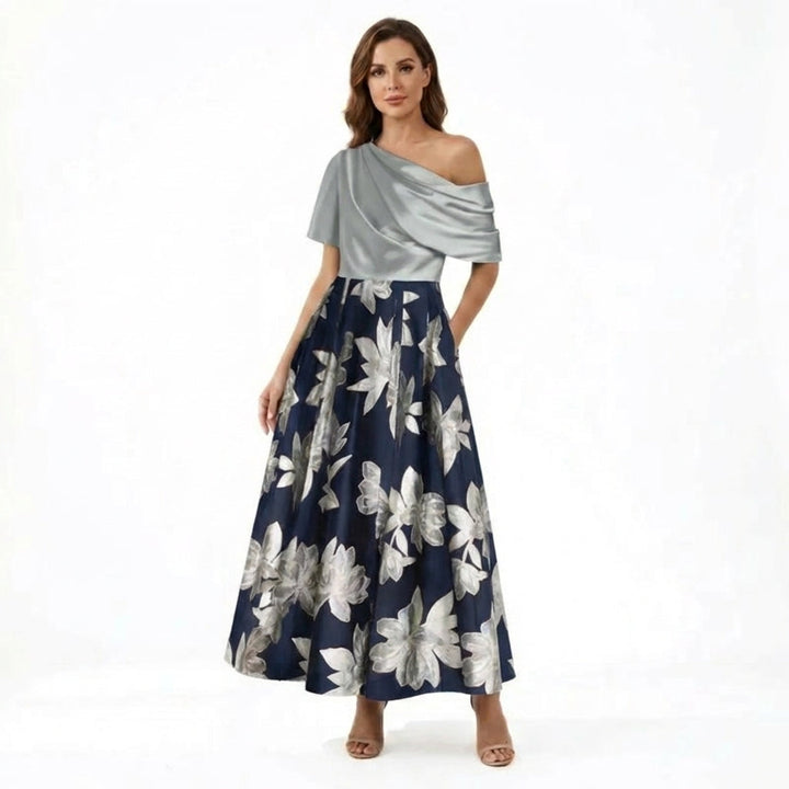 Women’s One Shoulder Midi Dress – A Line Floral Satin