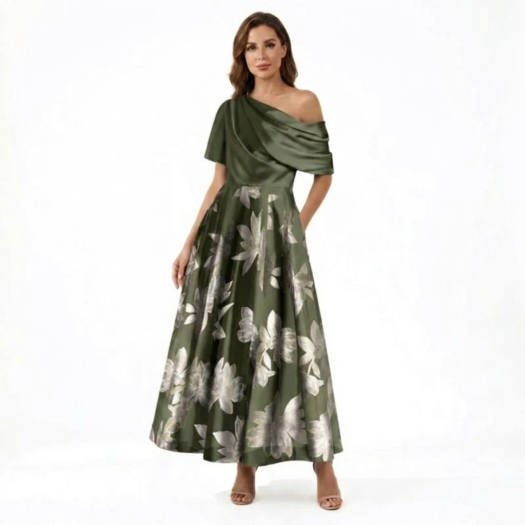 Women’s One Shoulder Midi Dress – A Line Floral Satin
