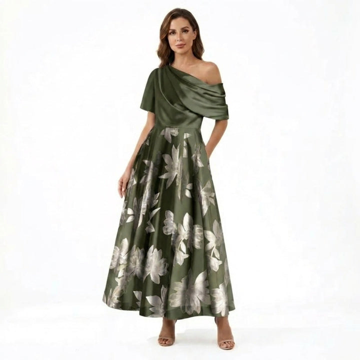 Women’s One Shoulder Midi Dress – A Line Floral Satin