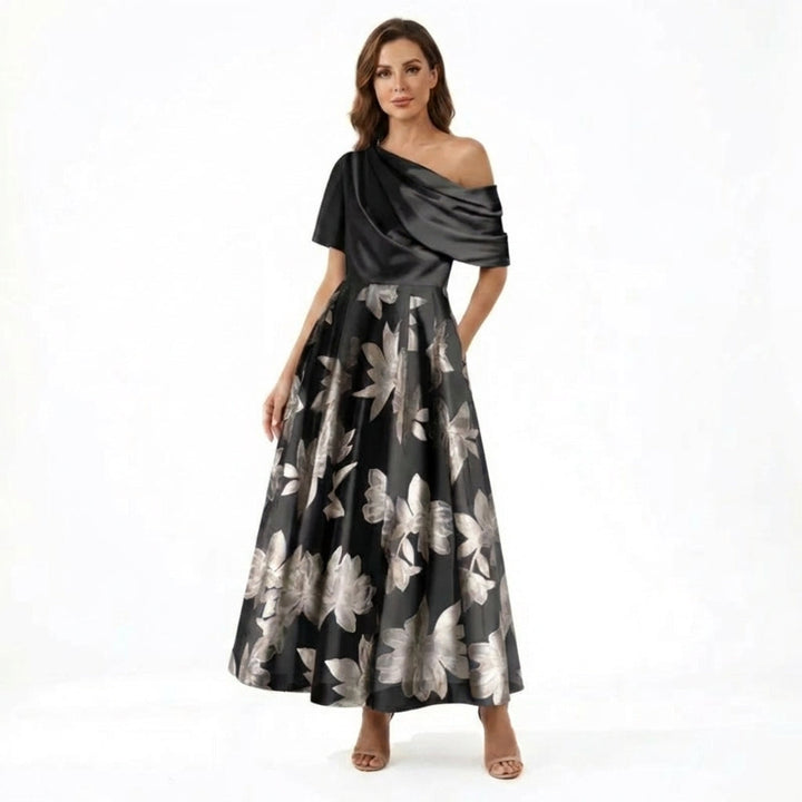 Women’s One Shoulder Midi Dress – A Line Floral Satin