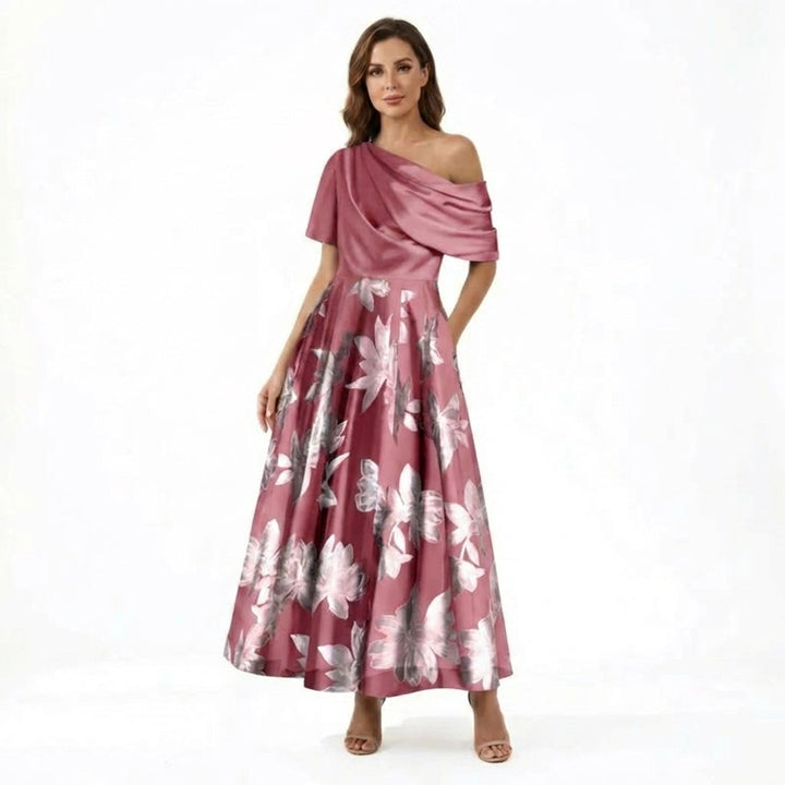 Women’s One Shoulder Midi Dress – A Line Floral Satin
