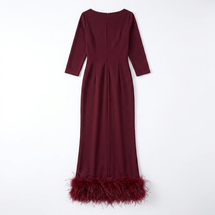 Women’s Scoop Neck Midi Dress – Sheath Feather Hem