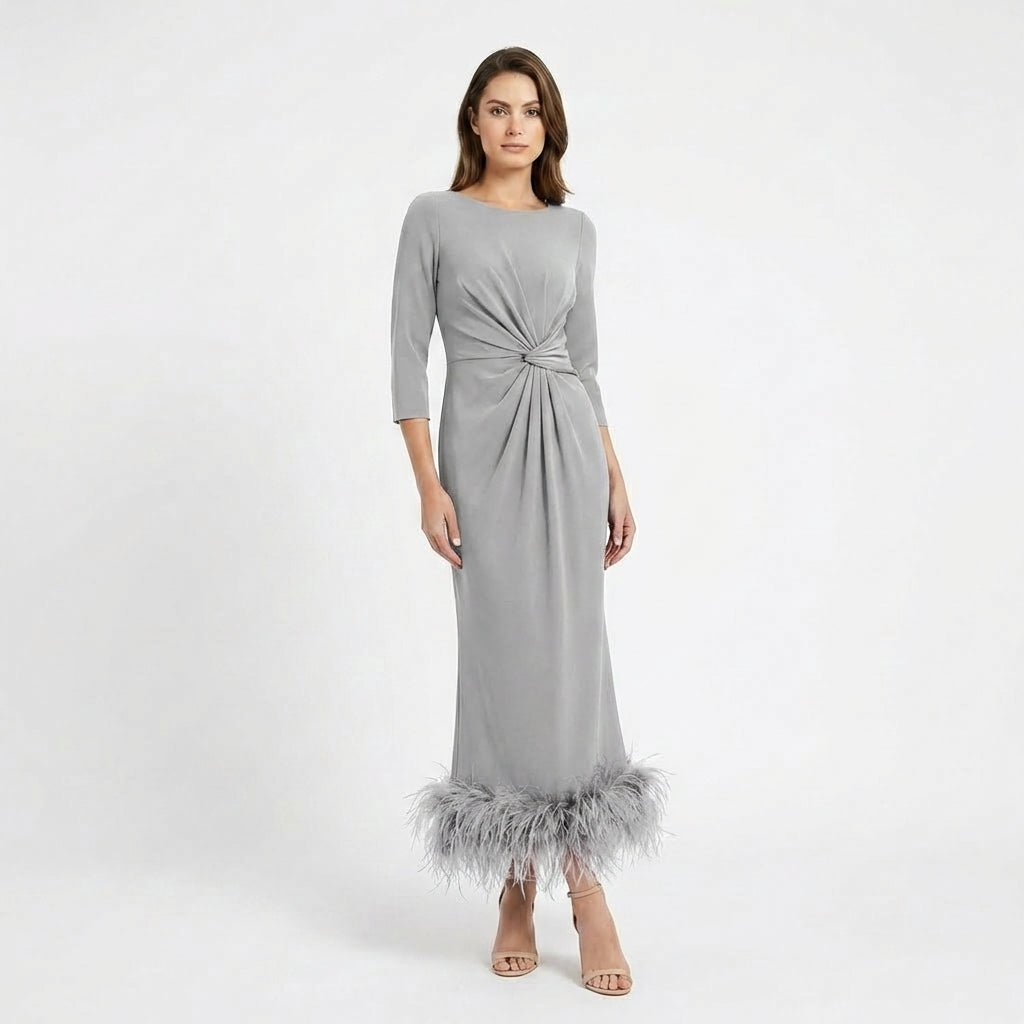 Women’s Scoop Neck Midi Dress – Sheath Feather Hem