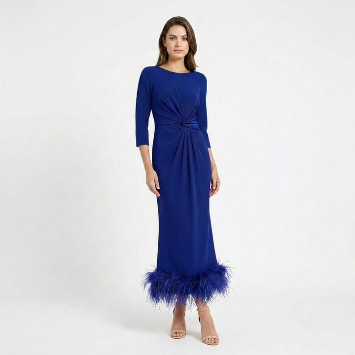 Women’s Scoop Neck Midi Dress – Sheath Feather Hem
