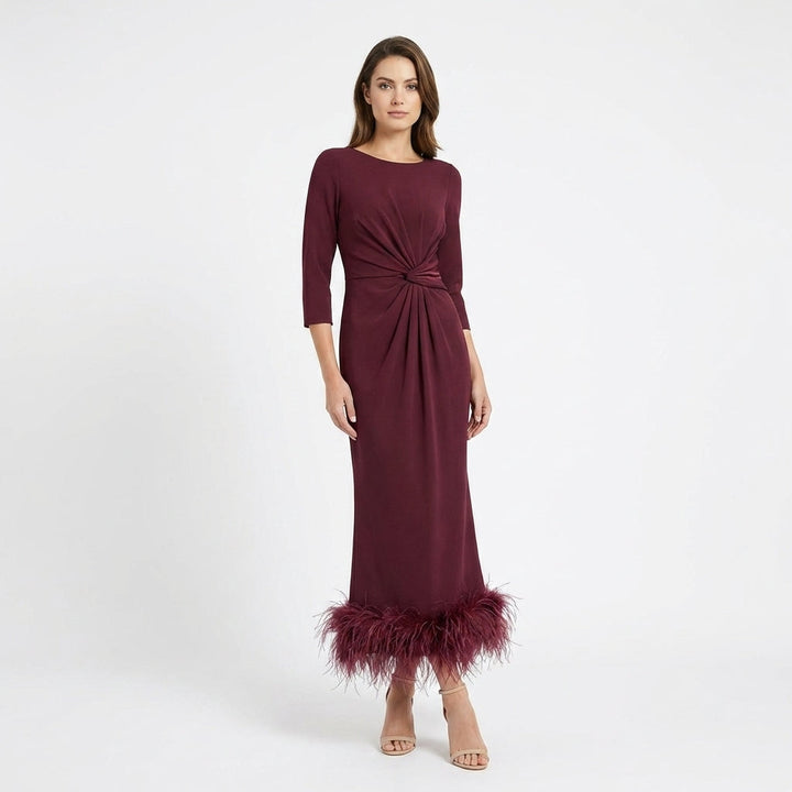 Women’s Scoop Neck Midi Dress – Sheath Feather Hem