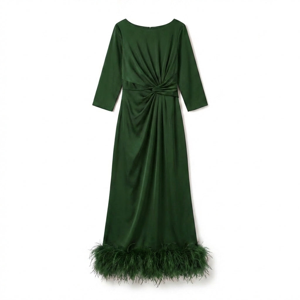 Women’s Scoop Neck Midi Dress – Sheath Feather Hem