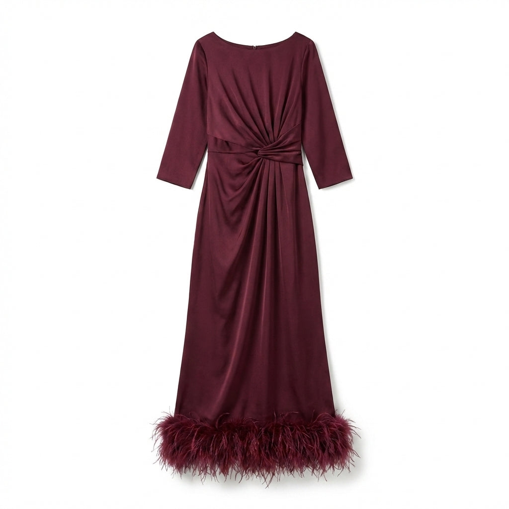 Women’s Scoop Neck Midi Dress – Sheath Feather Hem