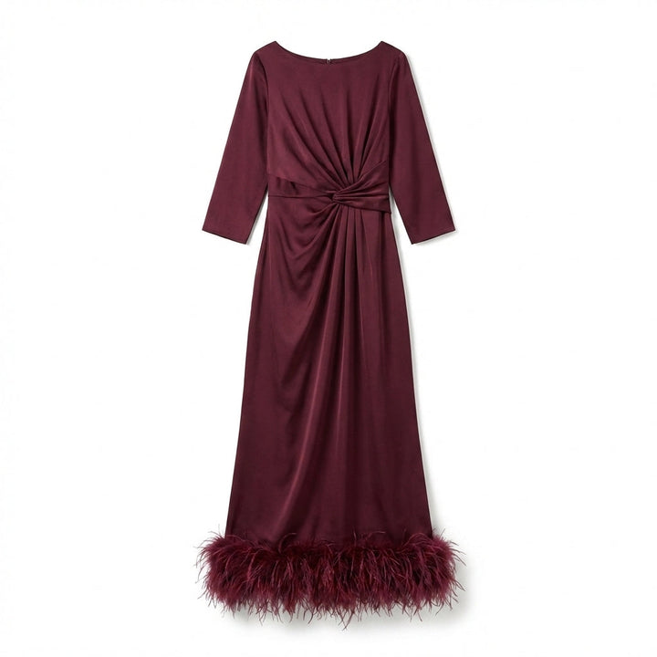 Women’s Scoop Neck Midi Dress – Sheath Feather Hem