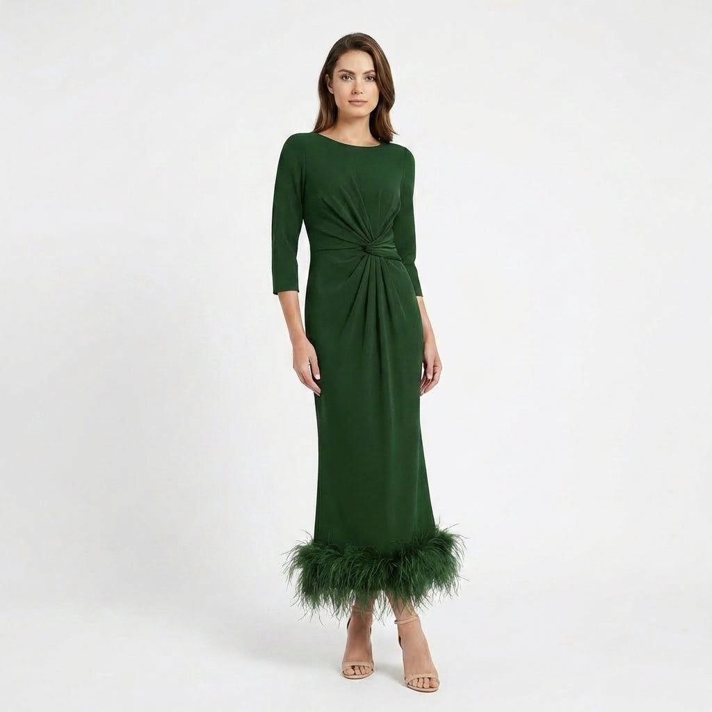 Women’s Scoop Neck Midi Dress – Sheath Feather Hem