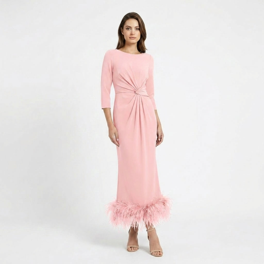 Women’s Scoop Neck Midi Dress – Sheath Feather Hem