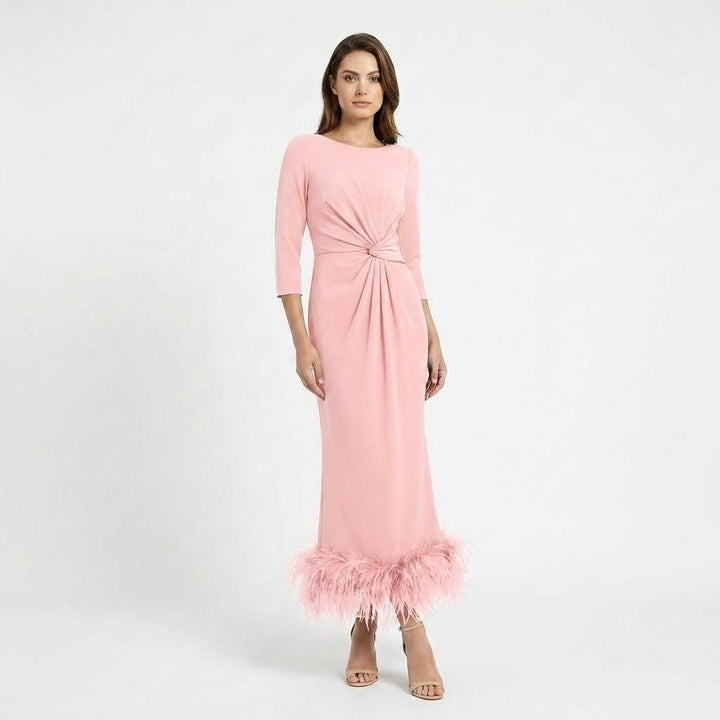 Women’s Scoop Neck Midi Dress – Sheath Feather Hem