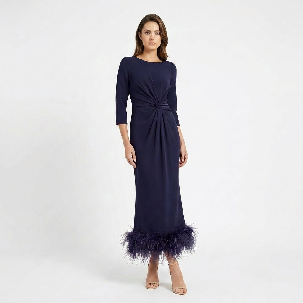 Women’s Scoop Neck Midi Dress – Sheath Feather Hem