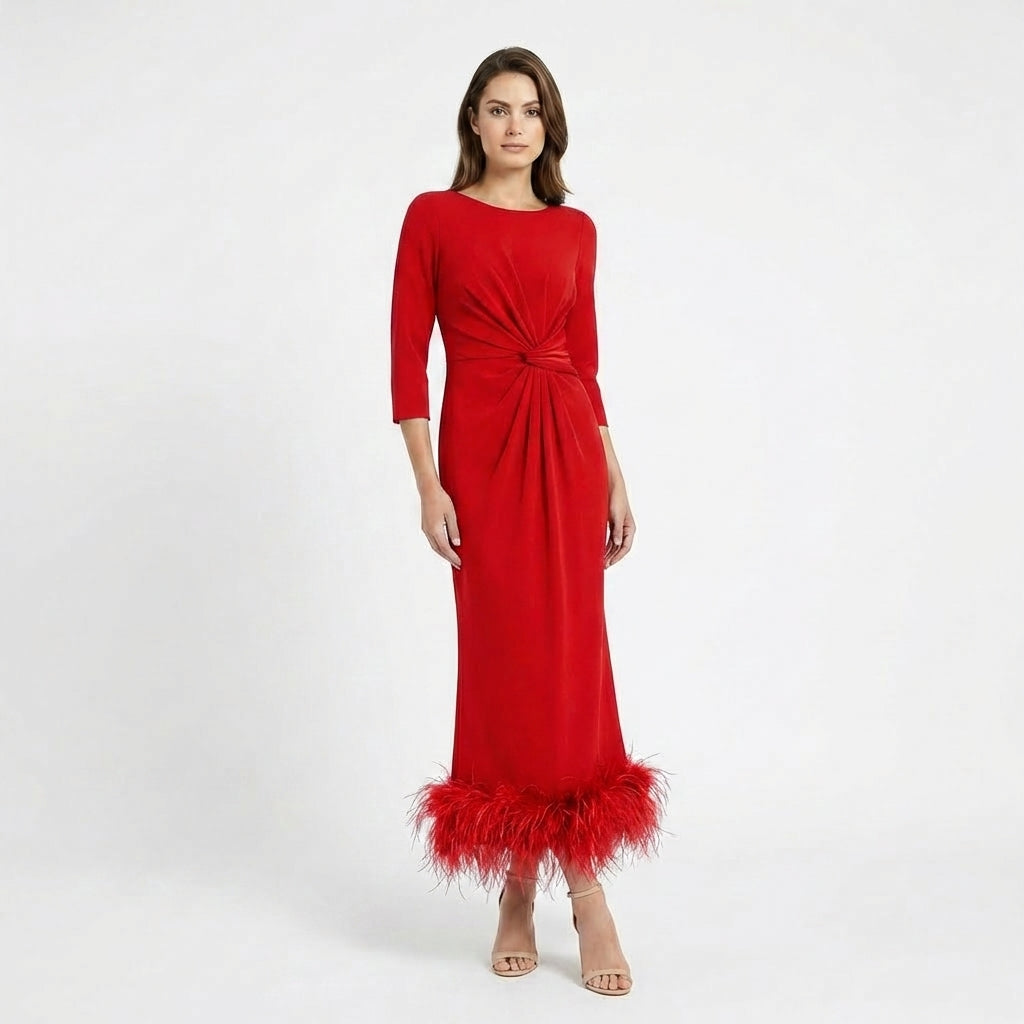 Women’s Scoop Neck Midi Dress – Sheath Feather Hem