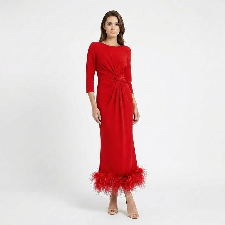 Women’s Scoop Neck Midi Dress – Sheath Feather Hem