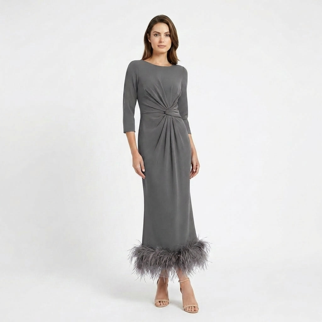 Women’s Scoop Neck Midi Dress – Sheath Feather Hem