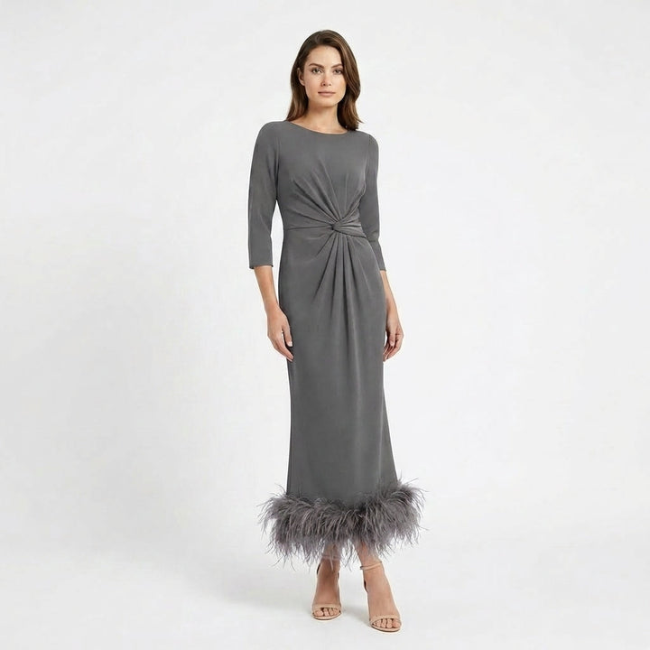 Women’s Scoop Neck Midi Dress – Sheath Feather Hem