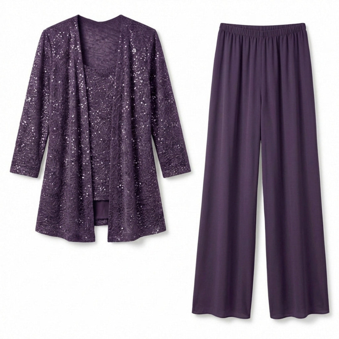 Women’s Sequin Detail Pantsuit – Scoop Neck Jacket Set