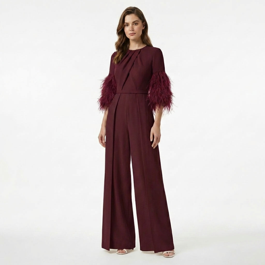 Women’s Jewel Neck Jumpsuit – Straight Leg Feather Sleeve