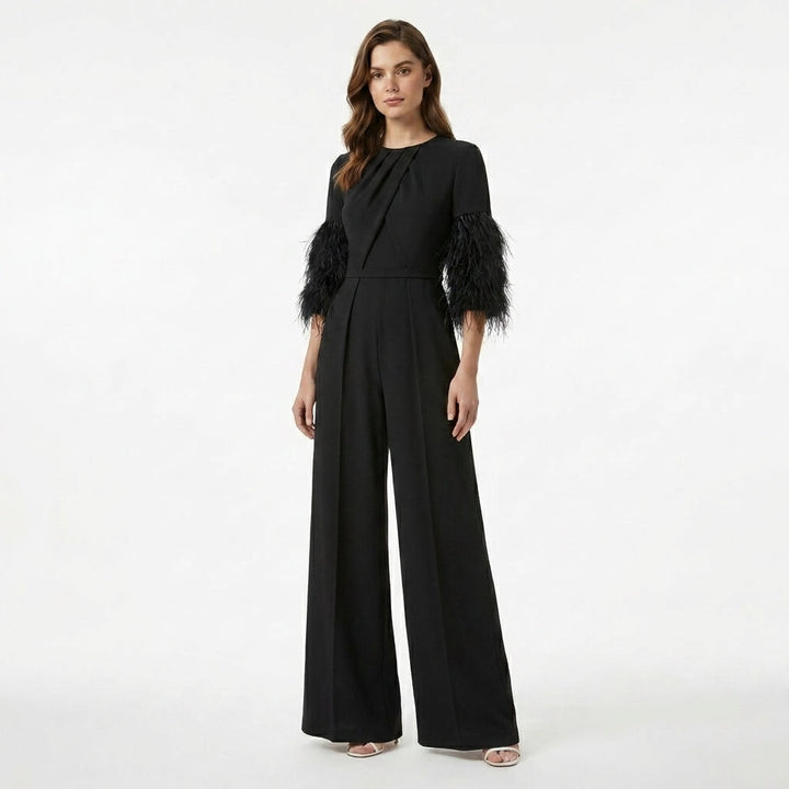 Women’s Jewel Neck Jumpsuit – Straight Leg Feather Sleeve