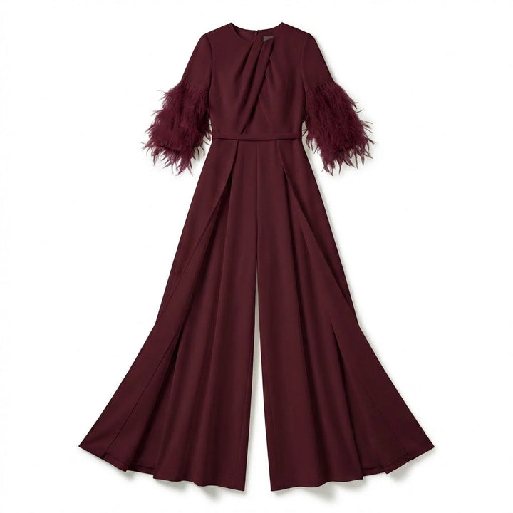 Women’s Jewel Neck Jumpsuit – Straight Leg Feather Sleeve