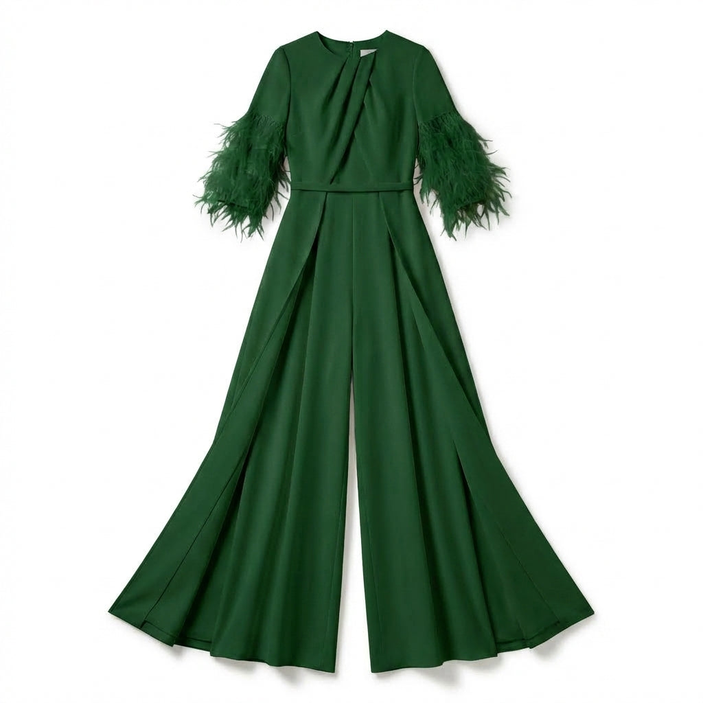Women’s Jewel Neck Jumpsuit – Straight Leg Feather Sleeve