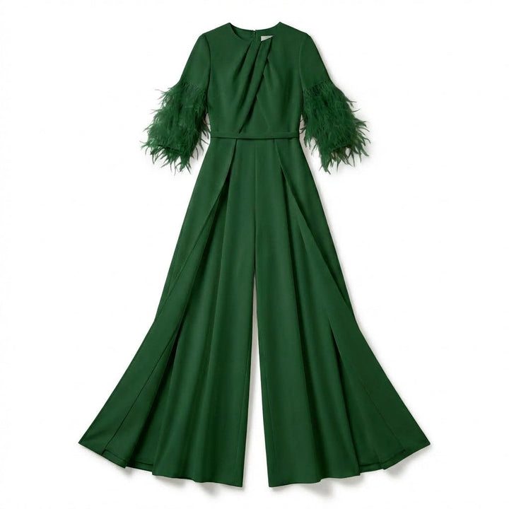 Women’s Jewel Neck Jumpsuit – Straight Leg Feather Sleeve