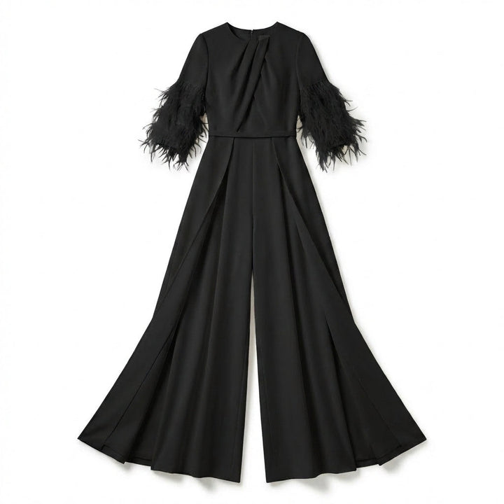Women’s Jewel Neck Jumpsuit – Straight Leg Feather Sleeve