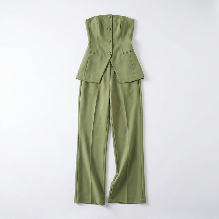 Women’s Strapless Two Piece Set – Button Front Wide Leg