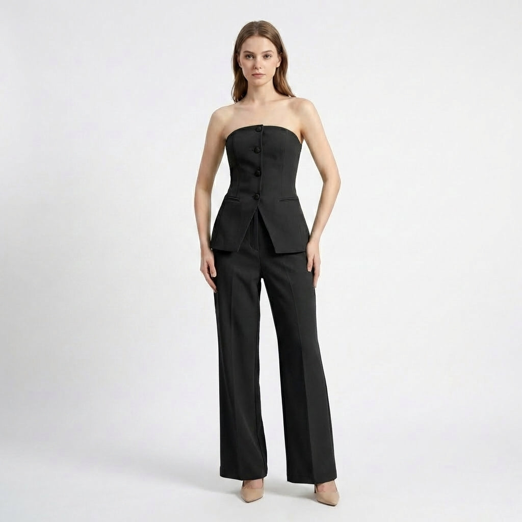 Women’s Strapless Two Piece Set – Button Front Wide Leg