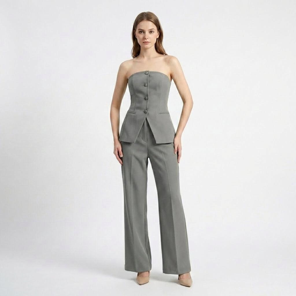 Women’s Strapless Two Piece Set – Button Front Wide Leg