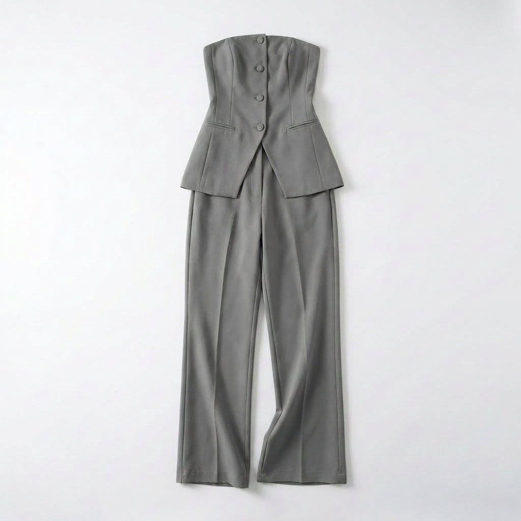 Women’s Strapless Two Piece Set – Button Front Wide Leg