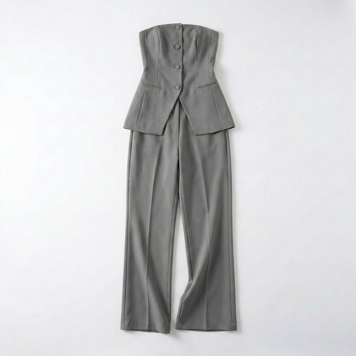 Women’s Strapless Two Piece Set – Button Front Wide Leg