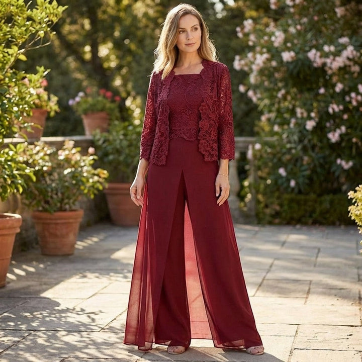 Women’s Structured Pantsuit Set – Lace Jacket Split Hem