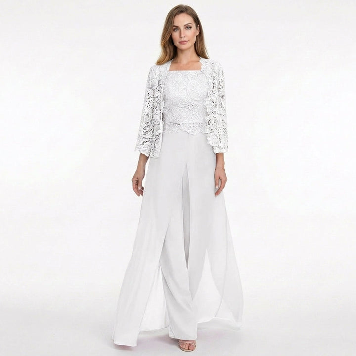 Women’s Structured Pantsuit Set – Lace Jacket Split Hem