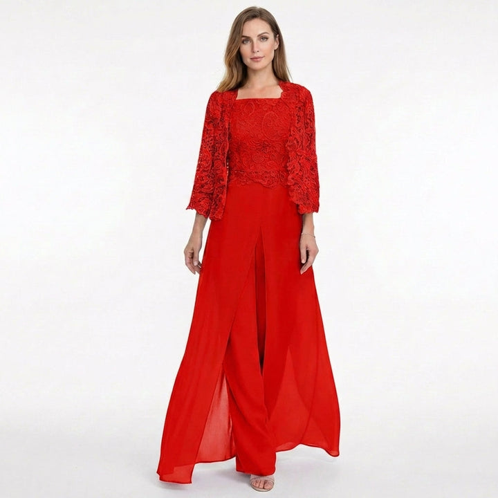 Women’s Structured Pantsuit Set – Lace Jacket Split Hem