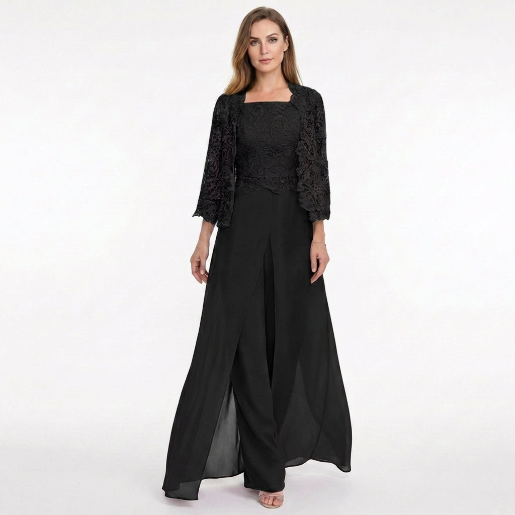 Women’s Structured Pantsuit Set – Lace Jacket Split Hem